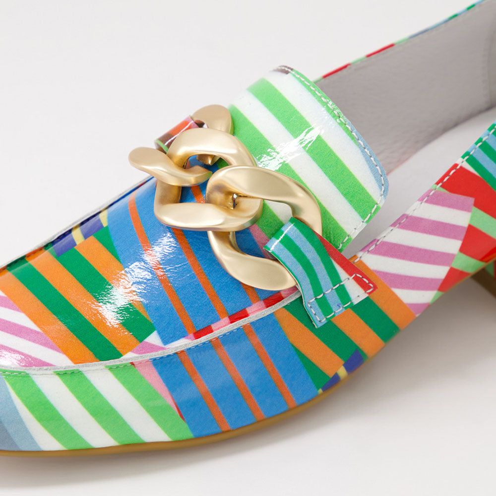 Multicolor Patent Leather Stripe Heeled Loafers with Chunky Chain