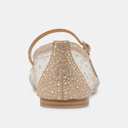 Champagne Rhinestone Embellished Mesh Square Toe Women's Dress Flats