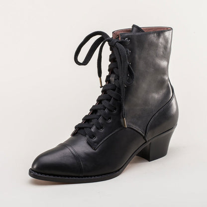 Black Lace-Up Chunky Heel Ankle Boots for Women with Almond Toe