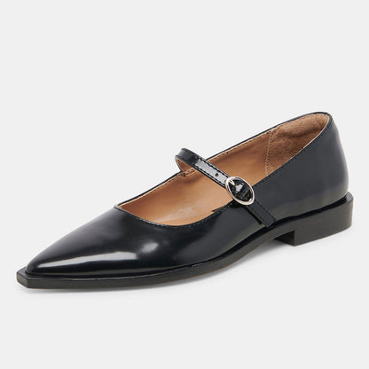 Black Patent Leather Pointed Toe Mary Jane Flats with Buckle Strap