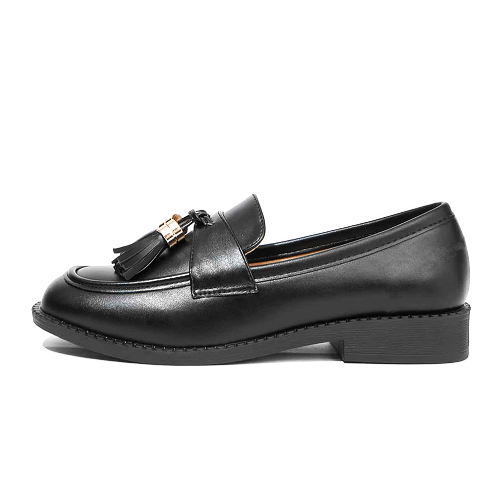 Classic Black Round Toe Tassels Decor Flat School Women's Loafers