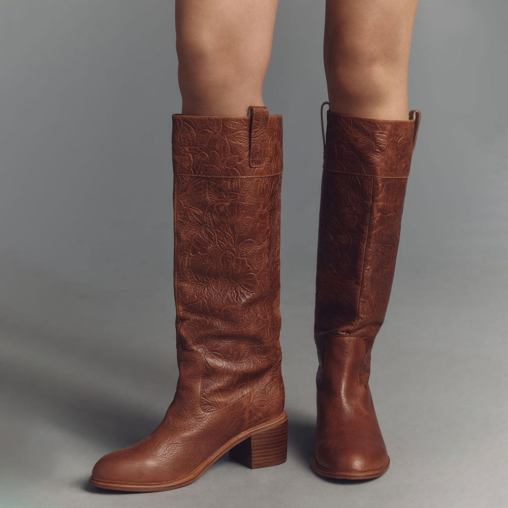 Brown Round Toe Block Heel Flower and Leaves Embossed Knee High Boots