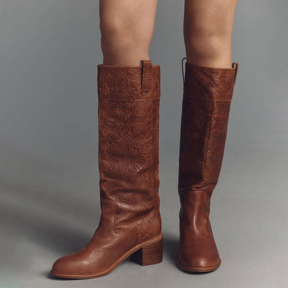 Brown Round Toe Block Heel Flower and Leaves Embossed Knee High Boots
