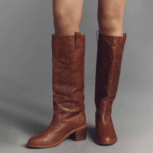 Brown Round Toe Block Heel Flower and Leaves Embossed Knee High Boots