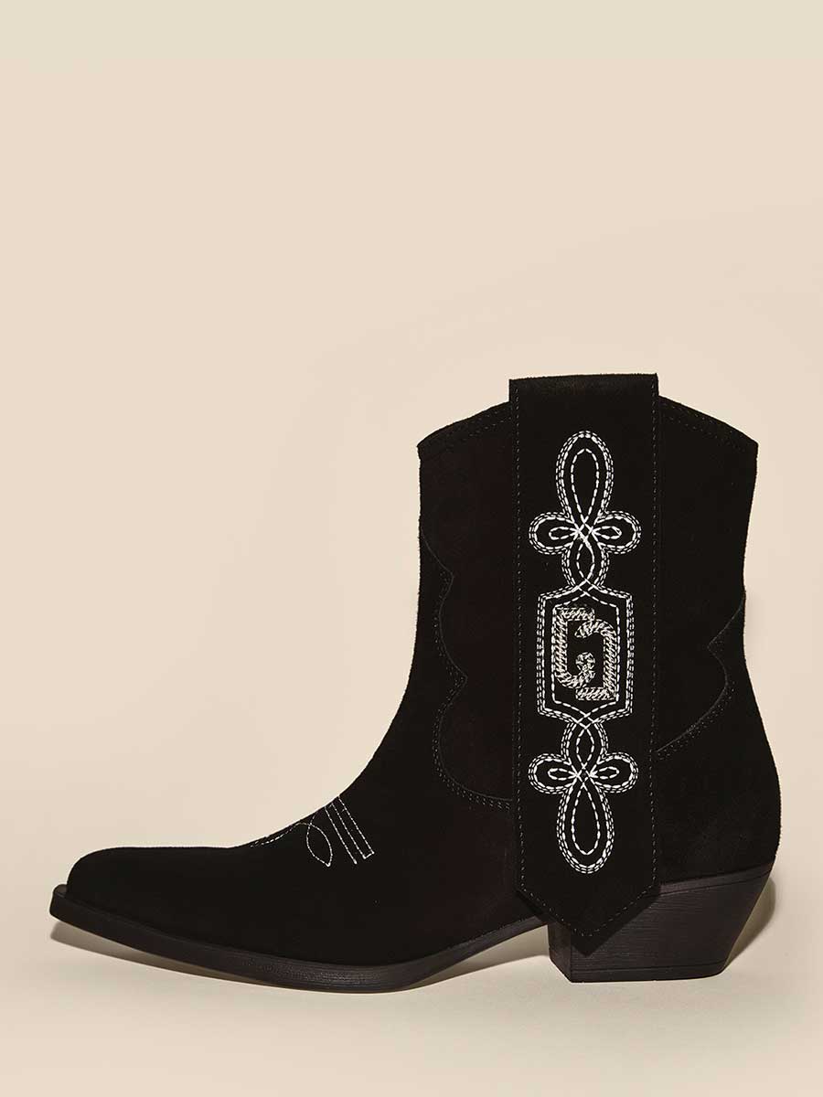 Black Vegan Suede Chunky Heel White Embroidered Cowgirl Ankle Boots