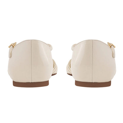 Ivory Woven T-Strap Cut-Out Round Toe Buckle Flat Shoes Women