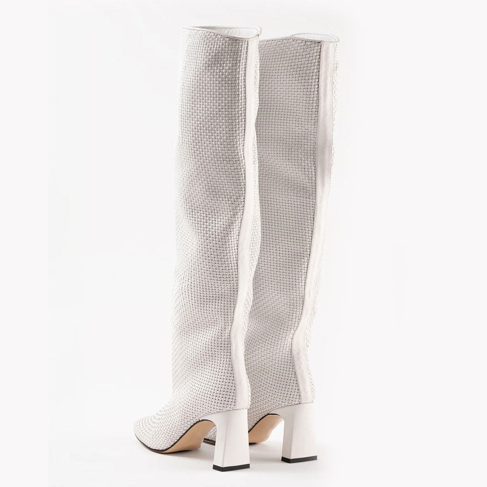Chunky Heel Pull-On Woven Knee High Boots for Women in White