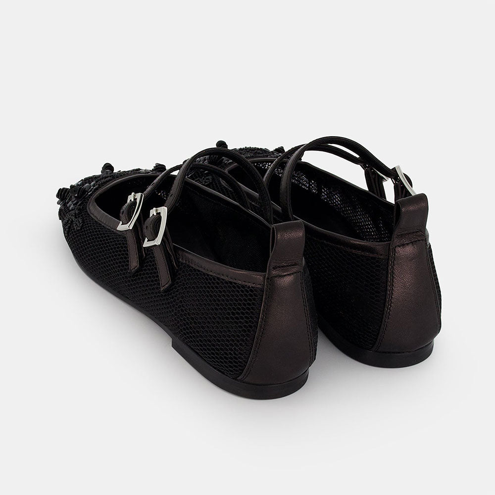 Mesh Floral Beads & Sequins Square Toe Mary Jane Flats in Black