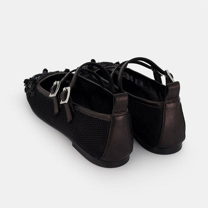 Mesh Floral Beads & Sequins Square Toe Mary Jane Flats in Black