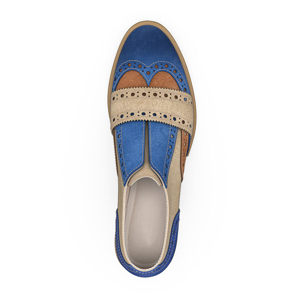 Blue & Khaki Vegan Suede Women's Loafers Brogue Vintage Shoes