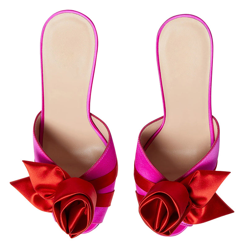 Women's Rose Style Peep Toe Satin Mule Heels in Fuchsia