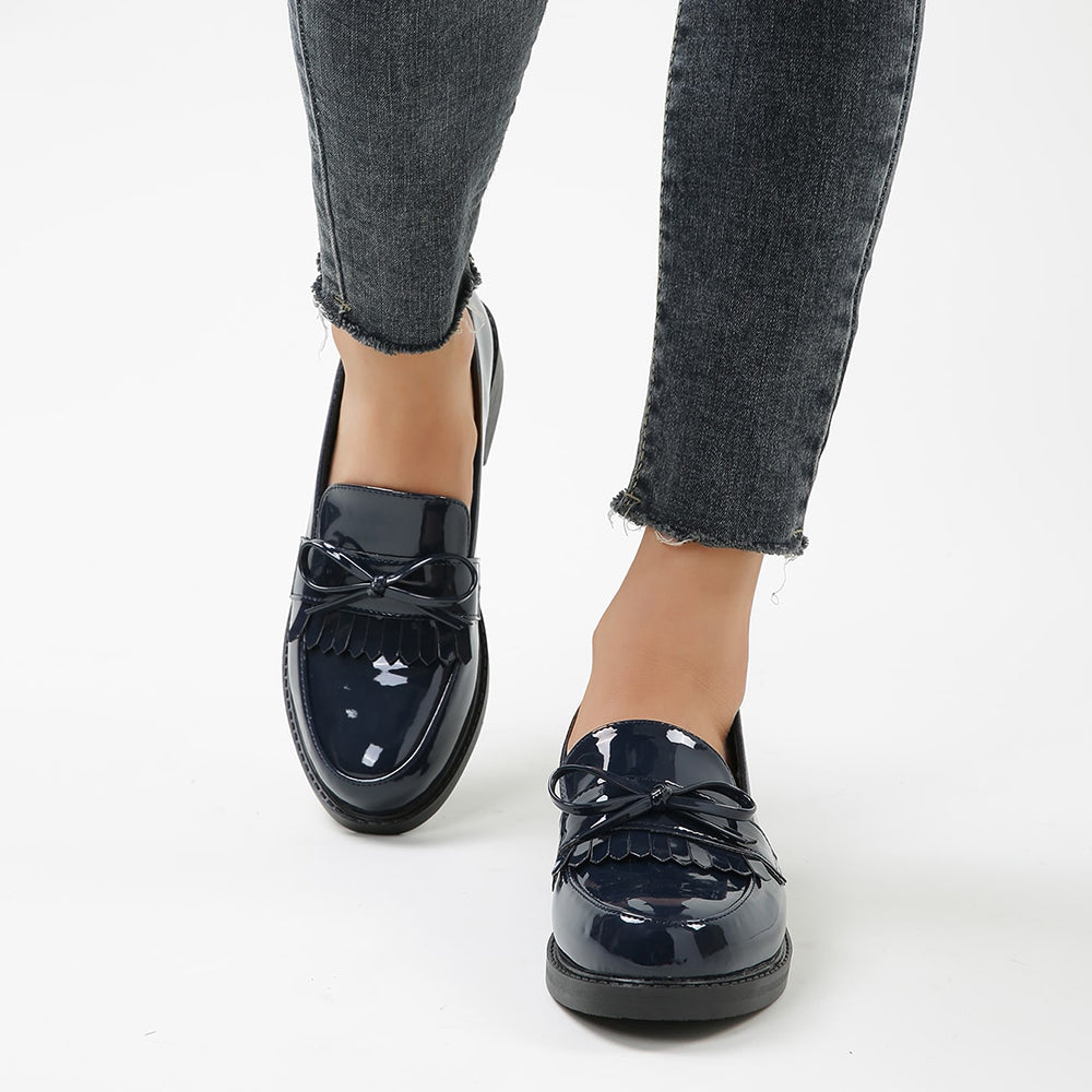 Black Patent Leather Closed Toe Chunky Heel Loafers with Bow