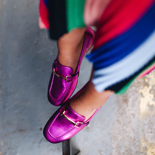 Fuchsia Square Toe Trending Flats Metal Buckle Women's Loafers