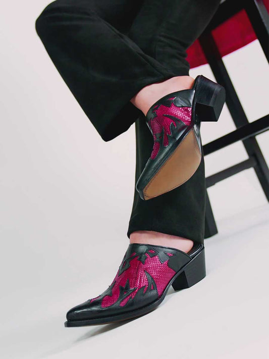 Black & Fuchsia Python Vegan Leather Closed Pointed Toe Slip-On Mules