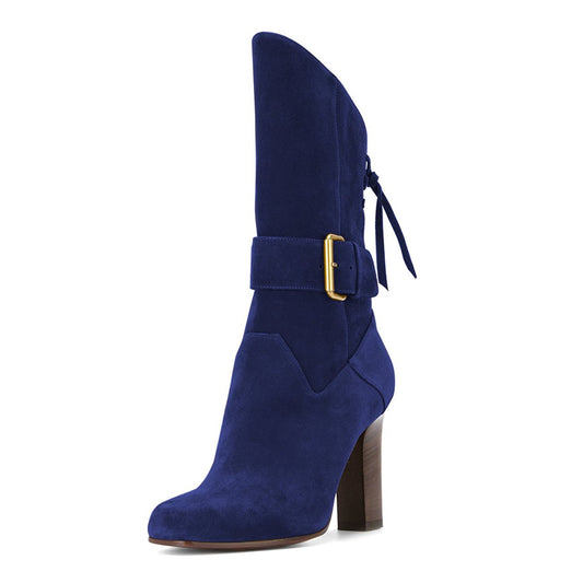 Blue Vegan Suede Square Toe Back Lace Up Chunky Heel Mid Calf Boots