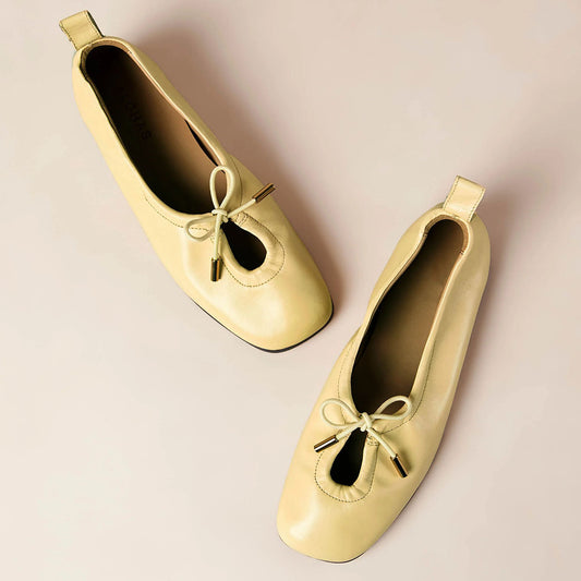Yellow Square Toe Lace Up Bow Comfortable Ballet Flats
