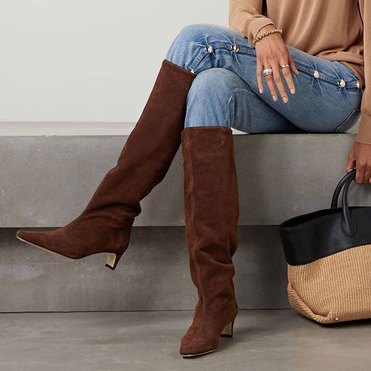 Brown Vegan Suede Pull-On Square Toe Chunky Heel Knee High Boots