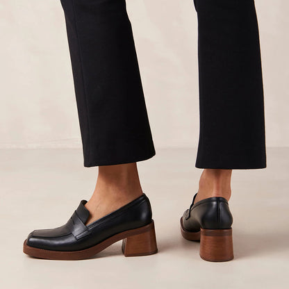 Black Square Toe Block Heel Penny Loafers for Women