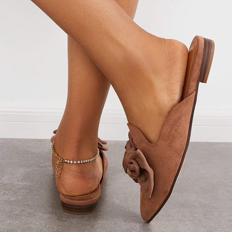Brown Vintage Vegan Suede Pointed Toe Mule Loafers Bow Flats