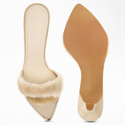 Beige Open Toe Faux Fur Strap Detailing Block Heel Mules Sandals
