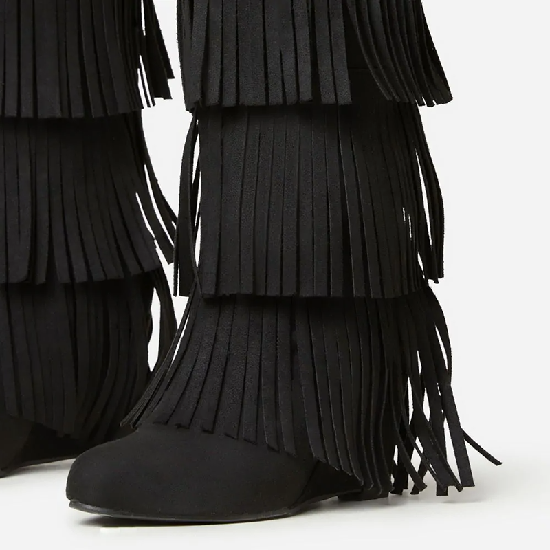 Black Vegan Suede Fringe Wedge Knee High Boots with Lock Decor