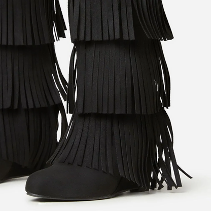 Black Vegan Suede Fringe Wedge Knee High Boots with Lock Decor