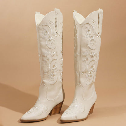 Chic Chunky Heel Floral Embroidered Western Knee High Boots in White