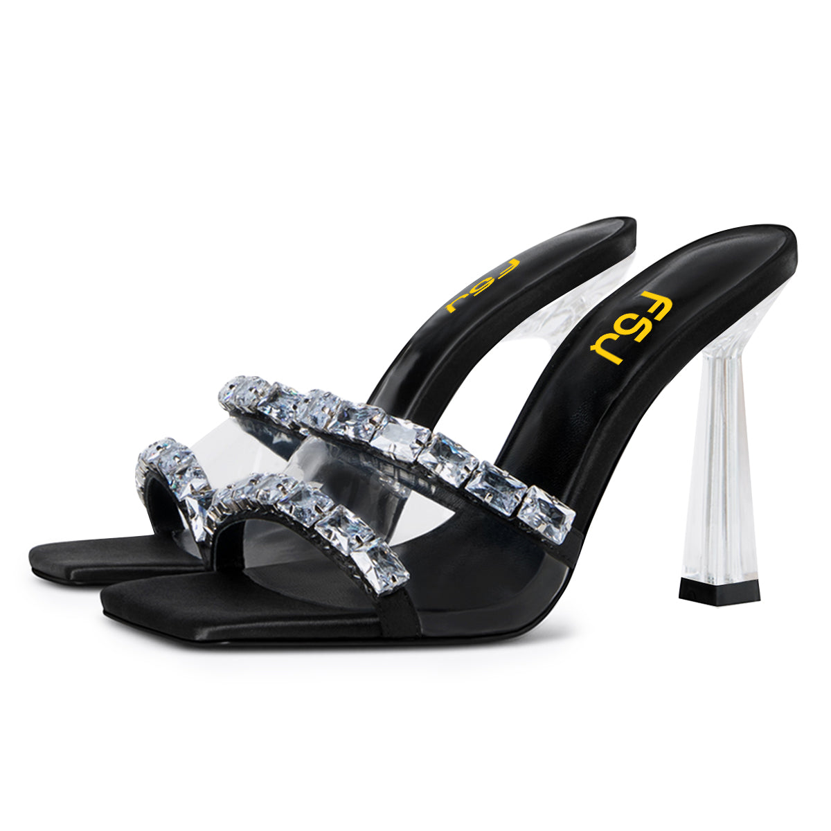 Black & Clear Square Toe Crystal Embellished Heeled Mules Sandals