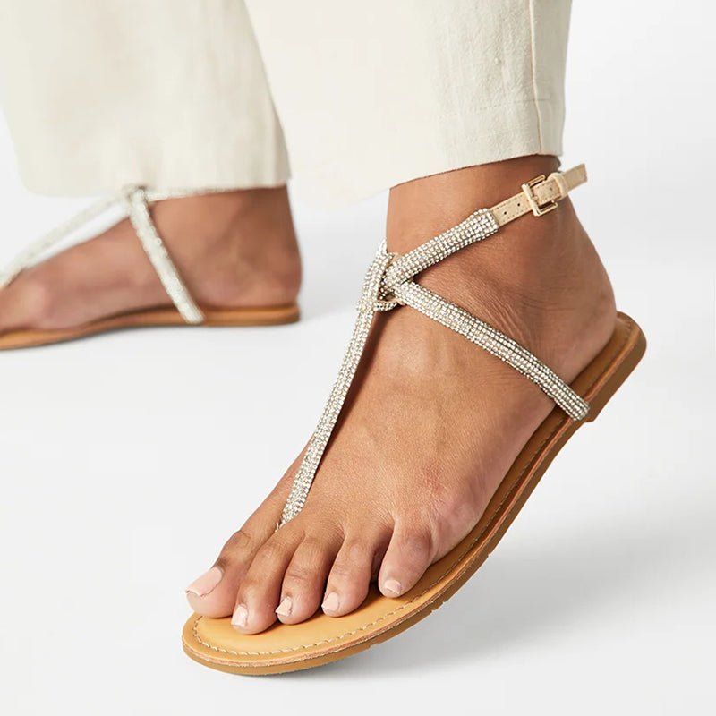 Women's Tan Open Toe Rhinestone Ankle Strap Flats Beach Sandals