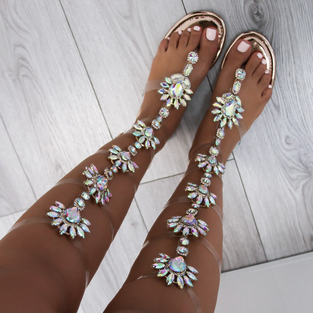 Multicolor Rhinestone Transparent Strappy Flats Gladiator Sandals