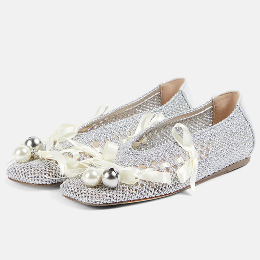 Silver Crochet Mesh Square Toe Pearl Bow Decor Women's Dress Flats