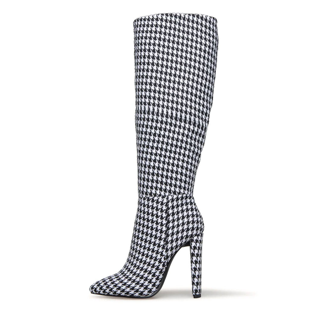 FSJ Black and White Houndstooth Chunky Heel Knee High Boots