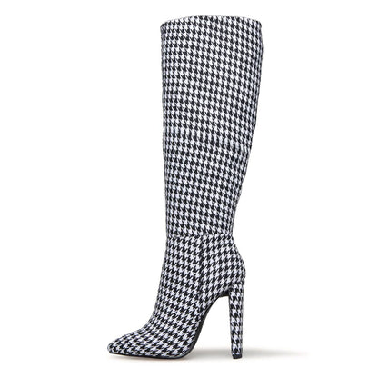 FSJ Black and White Houndstooth Chunky Heel Knee High Boots