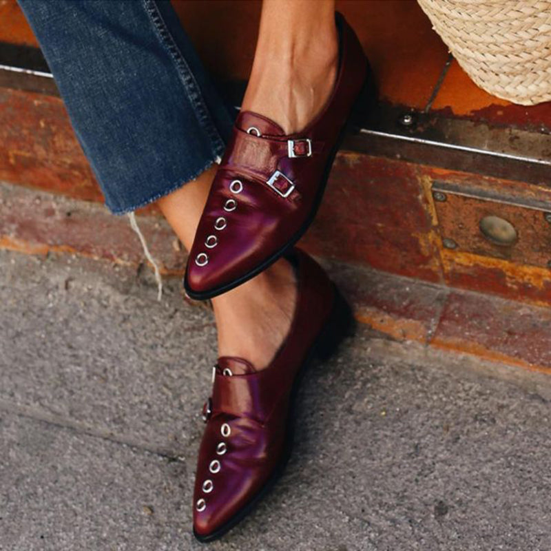 Burgundy Pointed Toe Women's Loafers Vintage Double Monk Strap Shoes