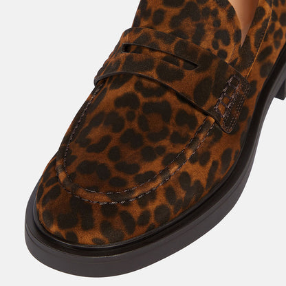 Brown Vegan Suede Leopard Print Flat Penny Loafers for Women