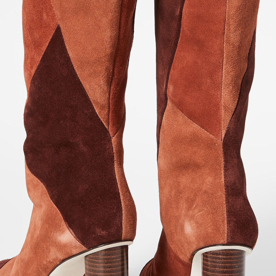Tan & Maroon Vegan Suede Patchwork Chunky Heel Knee High Boots