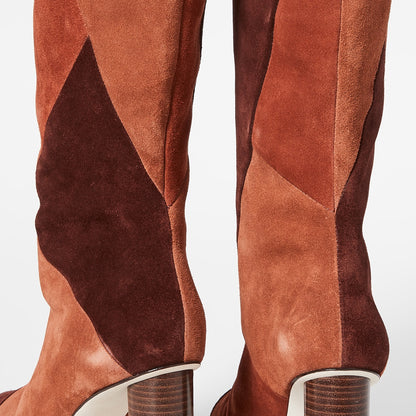 Tan & Maroon Vegan Suede Patchwork Chunky Heel Knee High Boots
