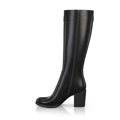 Black Round Toe Gold Metal Buckle Knee High Boots with Block Heels