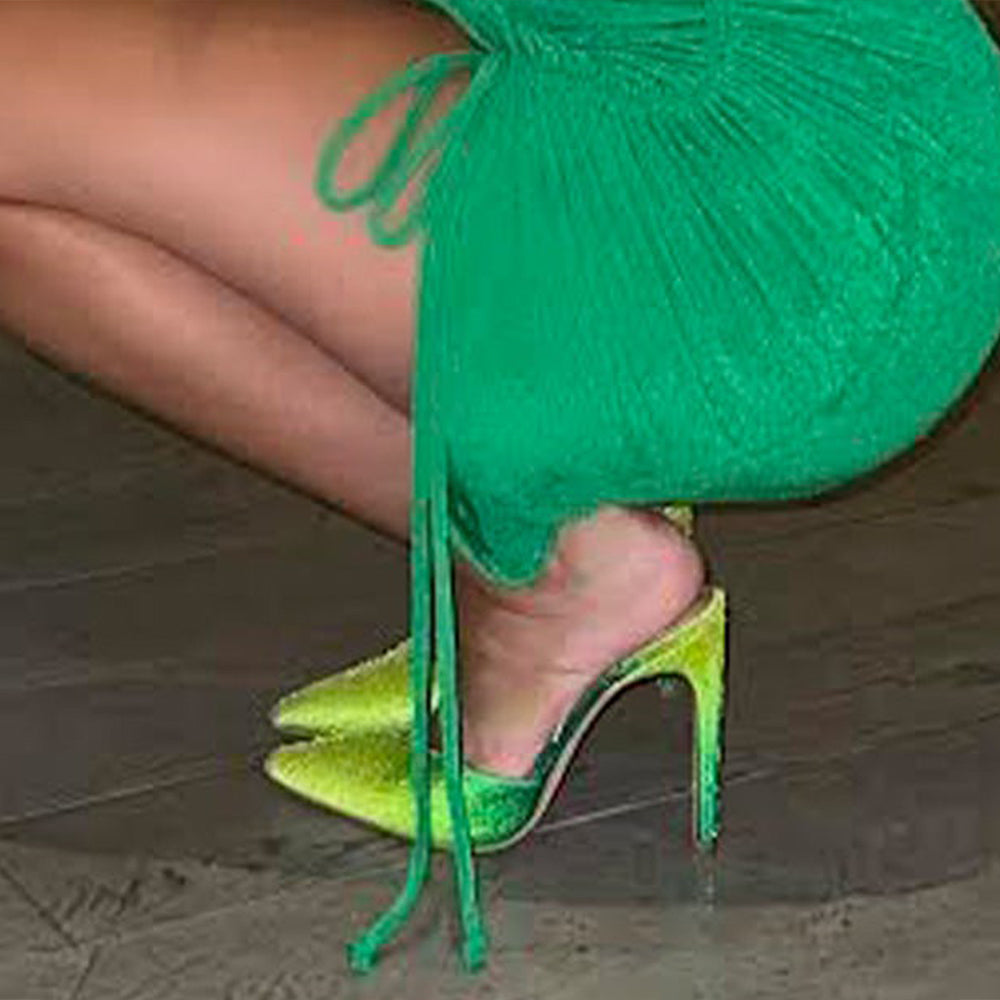Yellow & Green Pointed Toe Pumps With Clear Buckles Slingback Mules Stiletto Heels