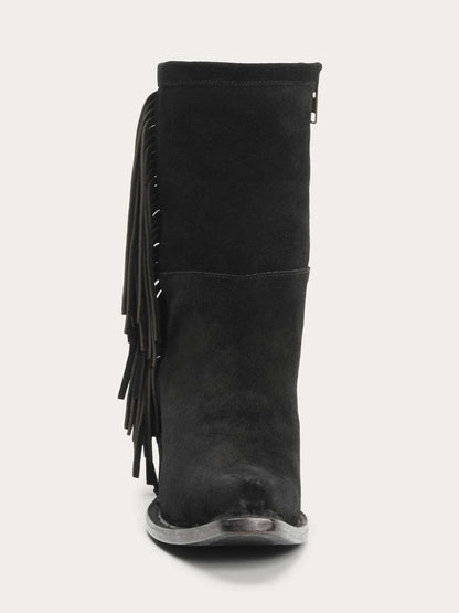 Black Faux Suede Snip Toe Angle Fringe Side-Zipper Cowgirl Ankle Boots With Chunky Heels