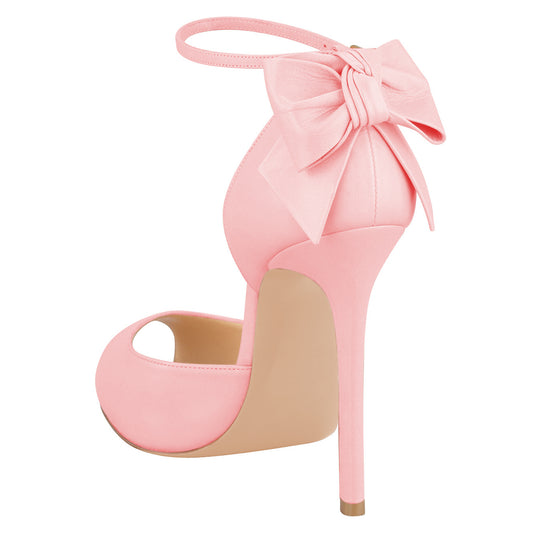 Women's Light Pink Vegan Leather Peep Toe Bow Inlay Ankle Strap Pumps