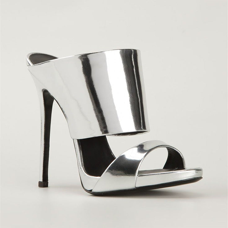 Silver Patent Leather Open Toe Wide Band Stiletto Heel Mules Sandals