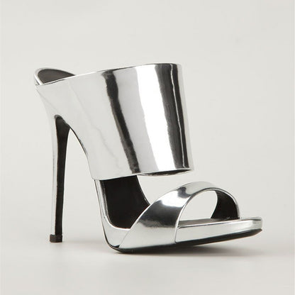 Silver Patent Leather Open Toe Wide Band Stiletto Heel Mules Sandals