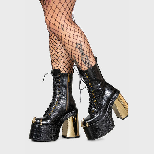 Black and Gold Croc Embossed Side Zipper Studded Platform Ankle Boots