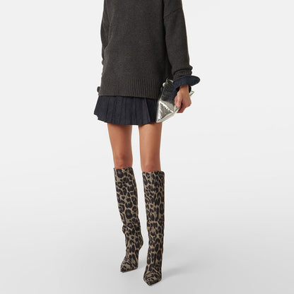 Black & Gray Leopard Print Pointy Toe Stiletto Heel Knee High Boots