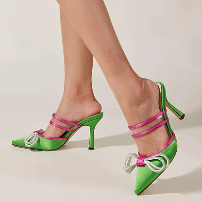 Women's Satin Pointed Toe Rhinestone Bow High Heel Mules in Green