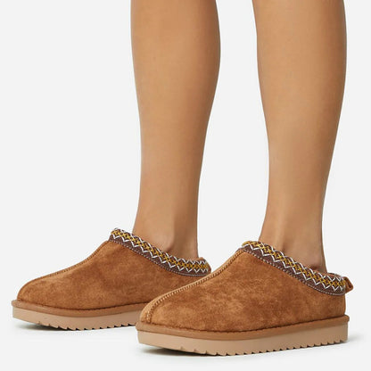 Brown Vegan Suede Round-Toe Faux Fur Lining Winter Flats Furry Shoes