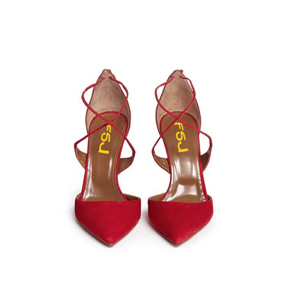 Red Pointed Toe Crisscross Straps Rear Lace Up Pumps Heels for Women