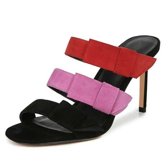 Triple Color Bow Strap Open Toe Vegan Suede High Heel Mules