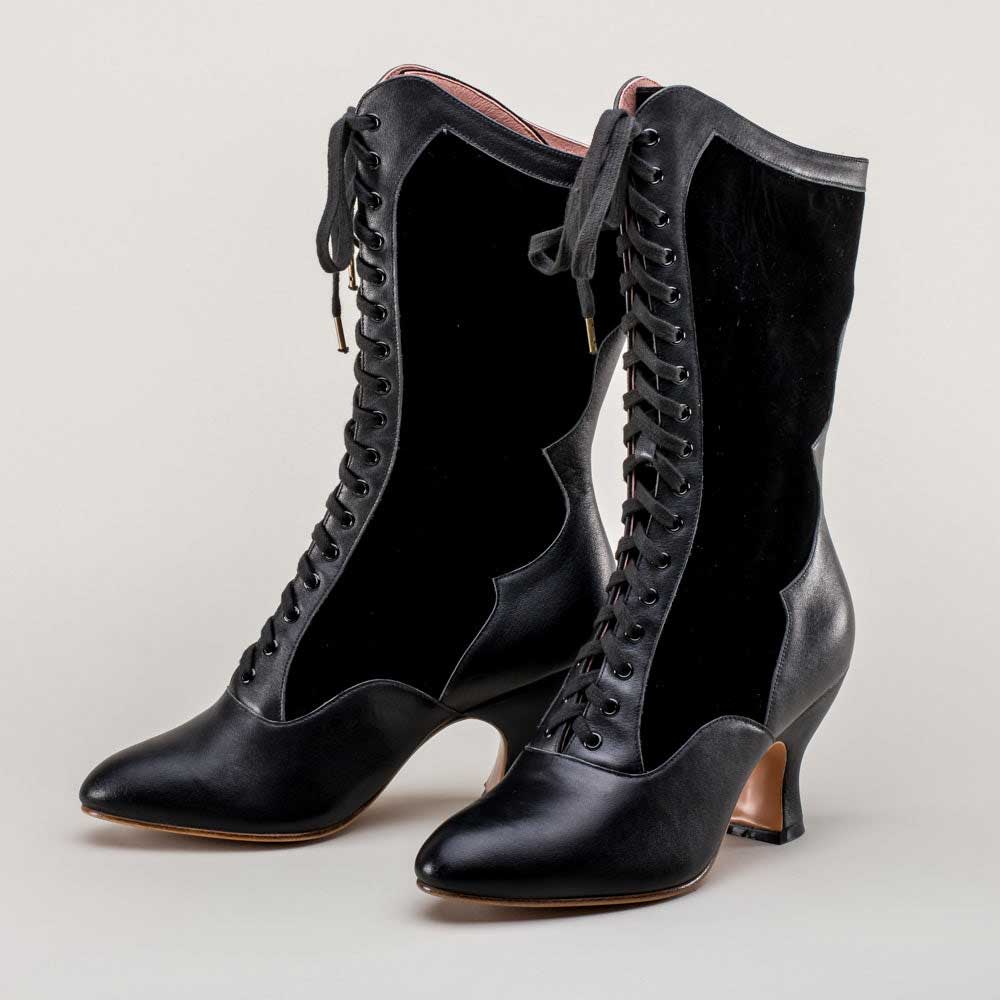 Vintage Black Closed-Toe Spool Heel Lace-Up Mid Calf Boots for Women